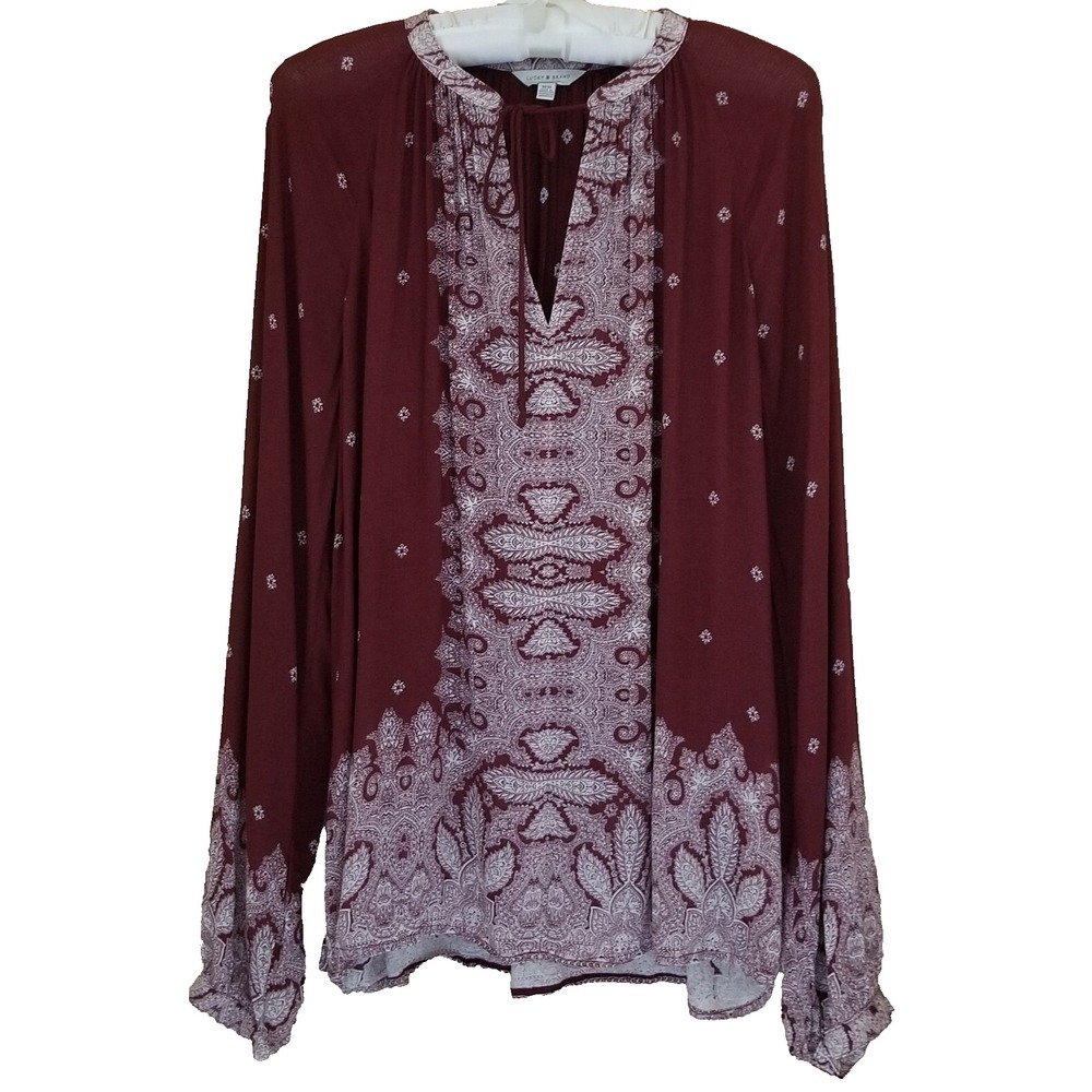 LUCKY BRAND Blouse Womens M Burgundy 100% Viscose Long Sleeve Relaxed Artsy Boho